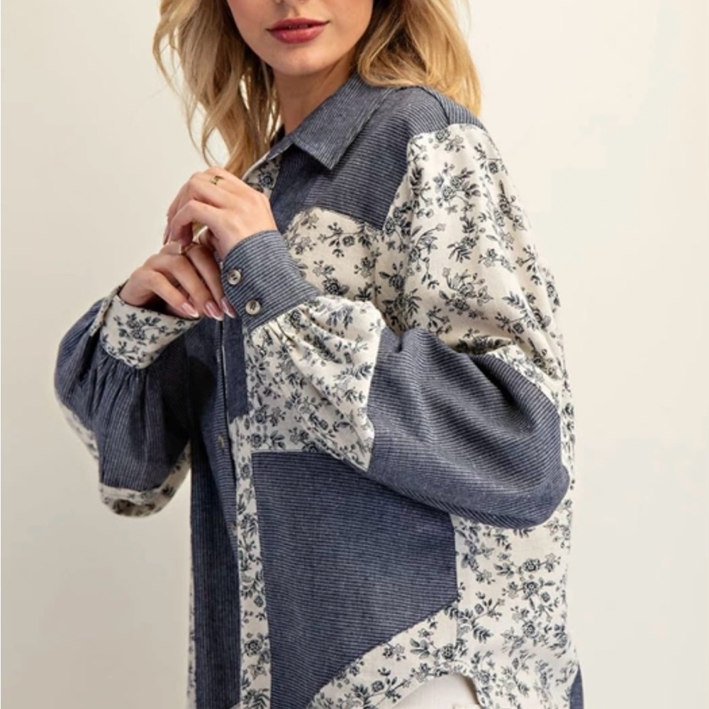 Color Block Button Down Denim Shirt